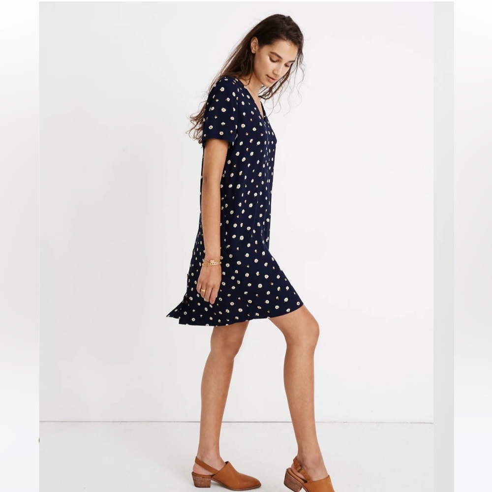 Madewell Navy Daisy Dot Mini Dress Women’s Medium Ditsy Floral Shift V-Neck - Picture 4 of 9